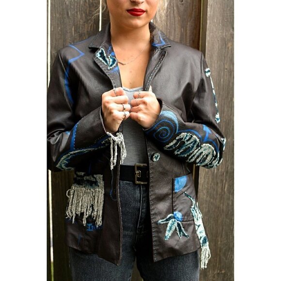 Vintage brown lambskin jacket; Hand painted, blue abstract unique hearts fringe - Picture 2 of 16